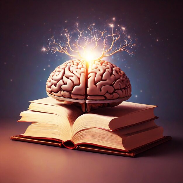 사진 환상적인 나무로 묘사된 책과 함께 뇌의 모습 generative ai