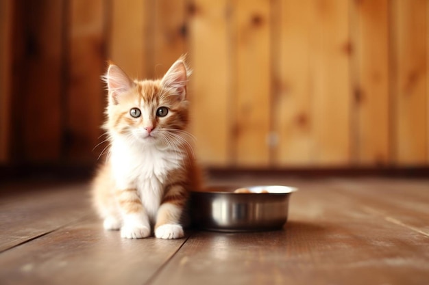 Фото view of cat eating food from a bowl