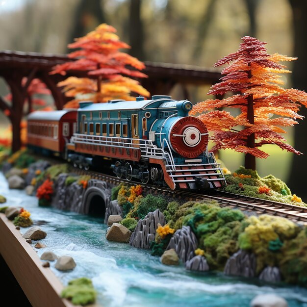 写真 自然の風景を描いたカラフルな3d列車のモデル