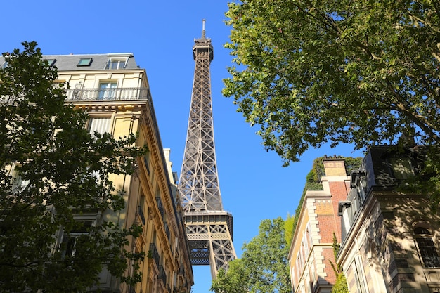 パリの路上にあるエッフェル塔の眺め。エッフェル塔は、パリの建築とランドマークです。