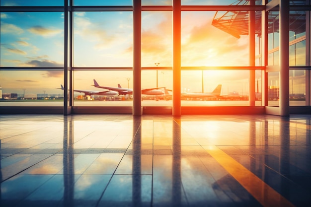 写真 ぼんやりした背景の空き空港の景色