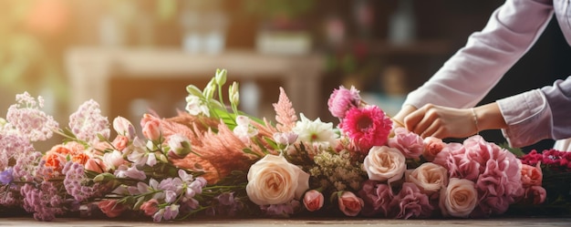 写真 木製の表面で花束を作る花屋の景色 花屋の店で花を準備する