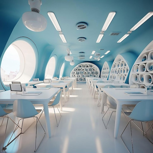 写真 未来的でハイテクな教室と豪華なレストランの家具の景色
