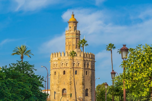 Фото Вид золотой башни или torre del oro в севилье, андалусия, испания