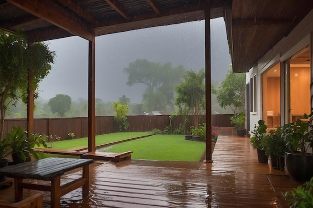 写真 裏庭の激しい雨の景色