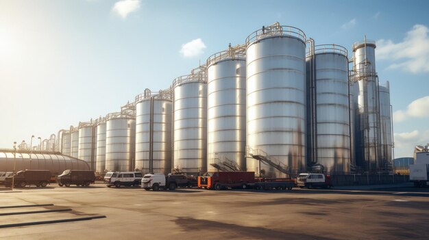 写真 化学石油精製製品の大規模なタンクファーム保管場所の眺め