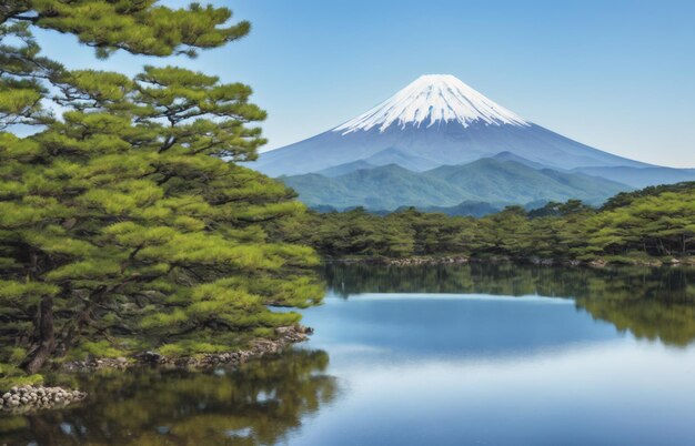 写真 湖から望む富士山と緑の木々