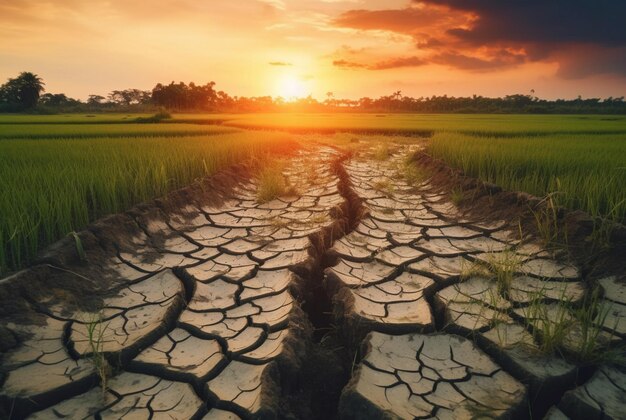Фото Вид на рисовые поля с потрескавшейся почвой из-за генеративного искусственного интеллекта глобального потепления