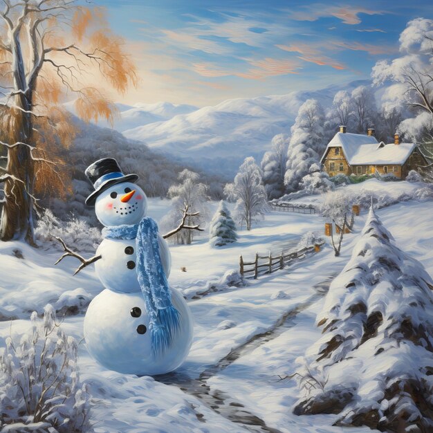 Фото Вид снеговика с зимним пейзажем и снегопадом
