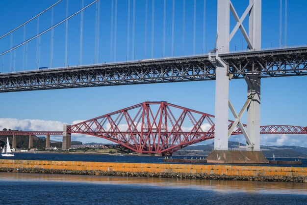 写真 青い空の背景にある吊り橋の景色