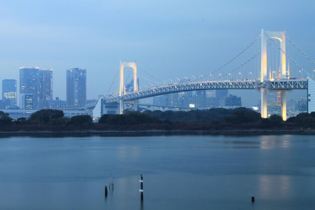 写真 背景に都市がある吊り橋の景色