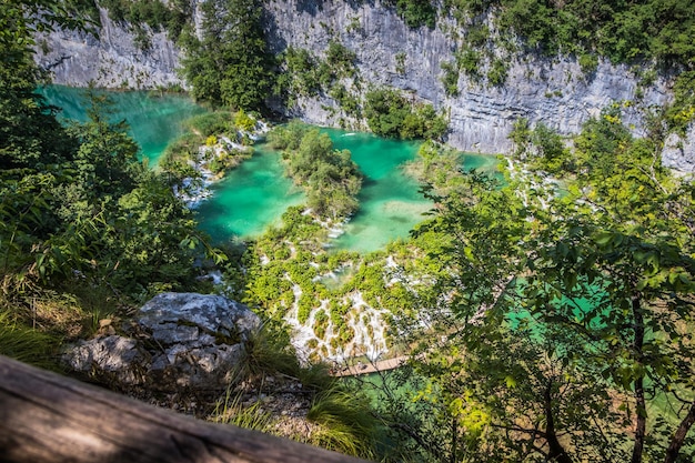 写真 美しい澄んだ青いプリトヴィチェ湖の景色 青い水の湖の周りの岩と緑の木