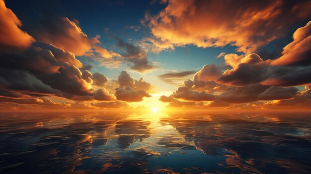 사진 다양한 모양의 구름으로 장식된 떠오르는 태양과 함께 밝은 황금색 아침 하늘의 풍경