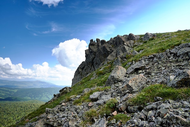 写真 大きな石と針葉樹林のある山腹の眺め。アルタイロシア