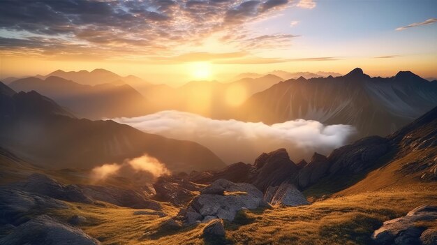 写真 山の頂上から日の出の景色