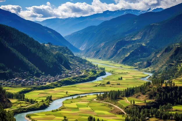 Фото Вид долины и реки в гималаях воздушный вид долины паро бутан