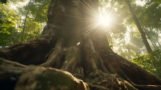 写真 太陽が差し込む木の幹の眺め