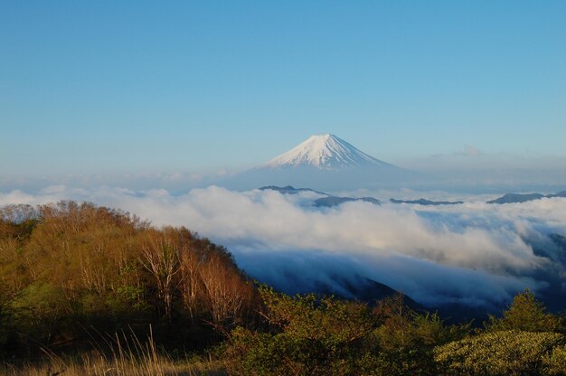 写真 青い空を背景にした火山の景色