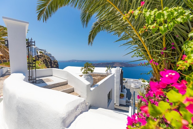 View in Oia, Santorini, Greece. Stairs with blue sea sky, Romantic summer travel destination scenic