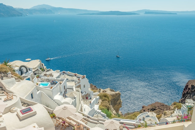 View of Oia town with white houses on Santorini island