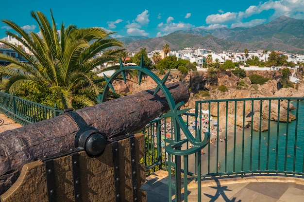 View of old Spanish war cannon facing Nerja beach