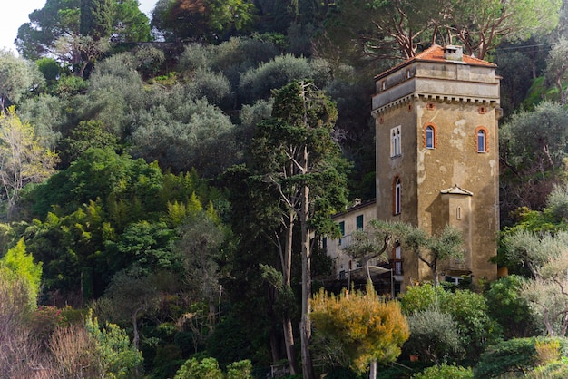 Vista alla vecchia torre su una collina a portofino, italy