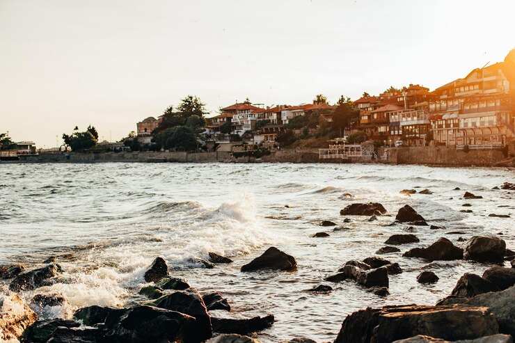 view of the old town of Nessebar in Bulgaria and the sea