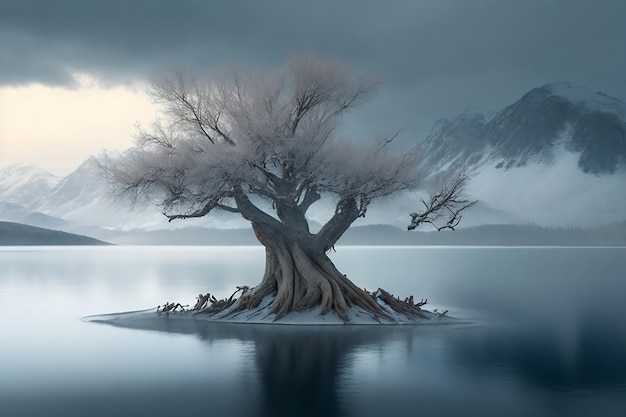 인공 지능이 생성된 흐린 날에 눈 덮인 산들과 호수에 있는 오래된 나무의 전망