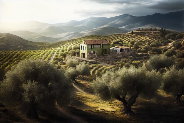 View of olive tree fields and countryside