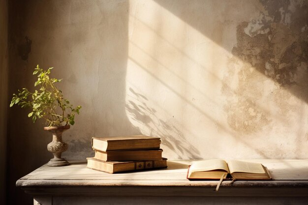 View of open book on table against wall