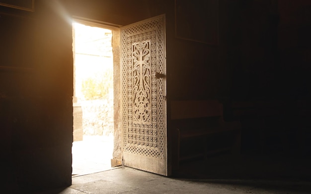 View of opened church wooden door