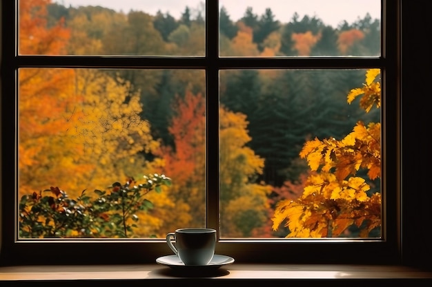 View out the window autumn season green yellow orange leaves coffee cup