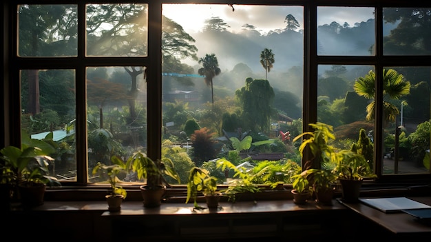 a view out a window of a tropical garden Window view from school window