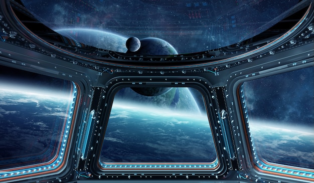 Photo view of outer space from a space station window 3d rendering