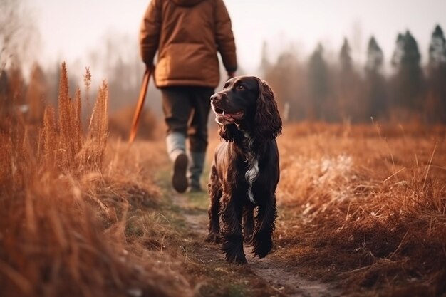 View of the owner walking with german spaniel on a leash in the nature