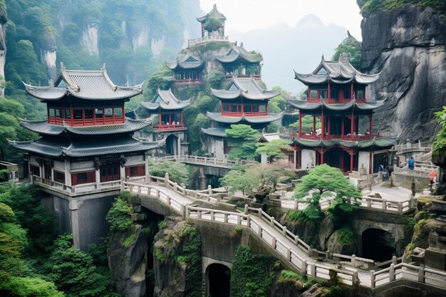 Foto una vista di un edificio pagoda con un sacco di acqua