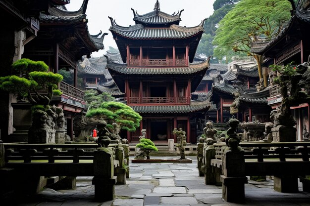 Foto una vista di un edificio pagoda con un sacco di acqua