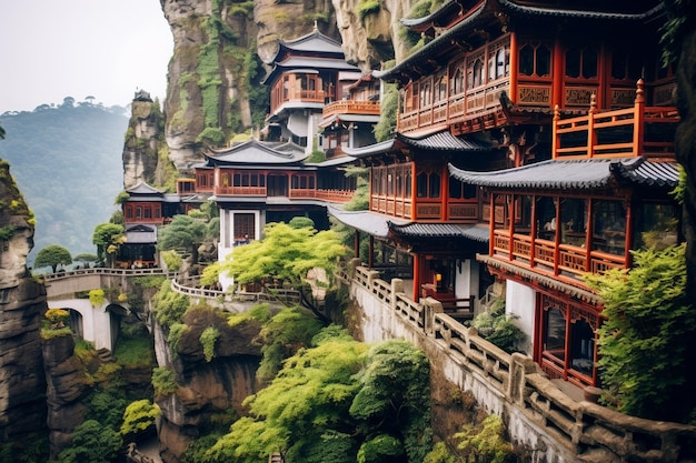 Foto una vista di un edificio pagoda con un sacco di acqua