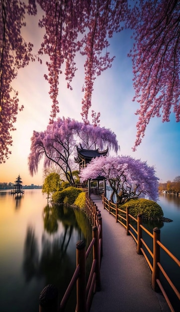 Photo view of pagoda in the middle lake with purple flowers generative ai