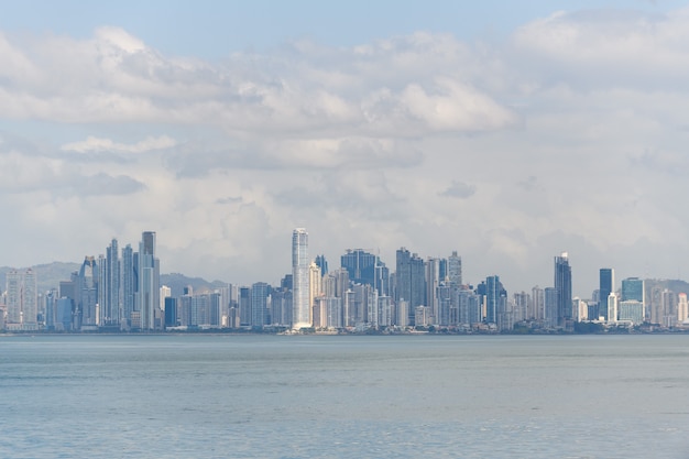 View to Panama city from sea at day time City panorama Modern buildings