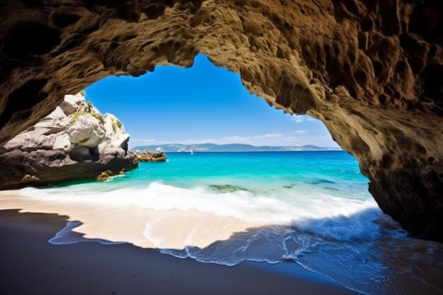 View of the paradise beach on the aegean coast of greece cave in the sea photography