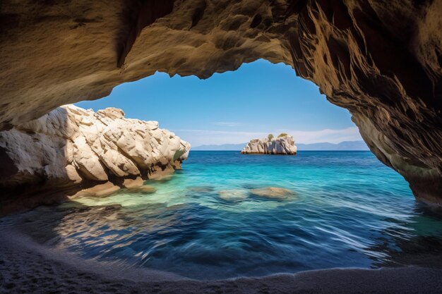 View of the paradise beach on the aegean coast of greece cave in the sea photography