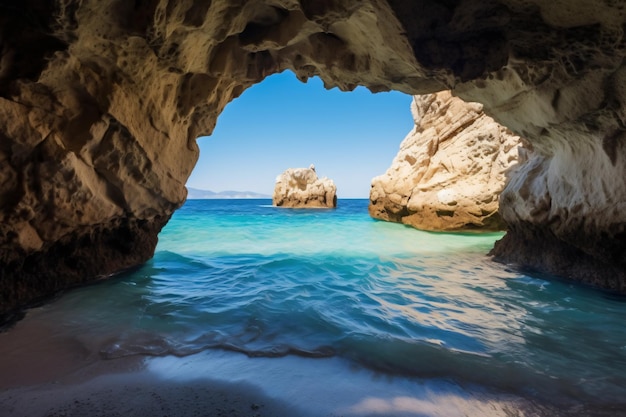 View of the paradise beach on the aegean coast of greece cave in the sea photography