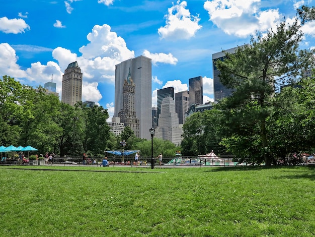 Photo view of park with buildings in background