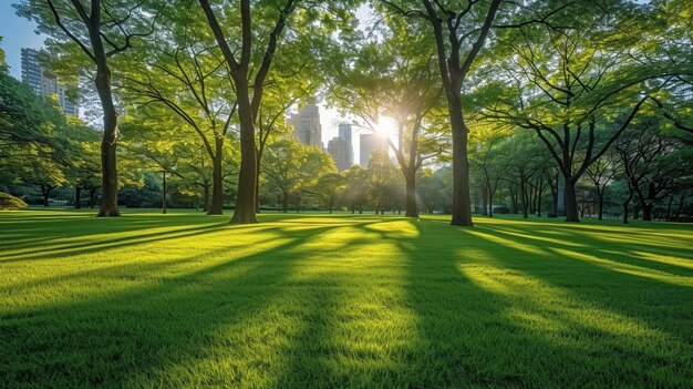 Photo a view of a park with trees and grass in the foreground generative ai