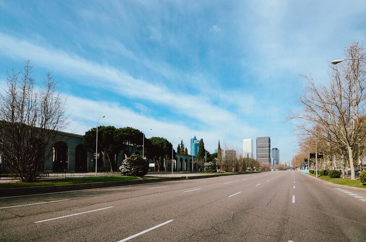 Фотография вид на passeo de la castellana, широкий бульвар в центре мадрида