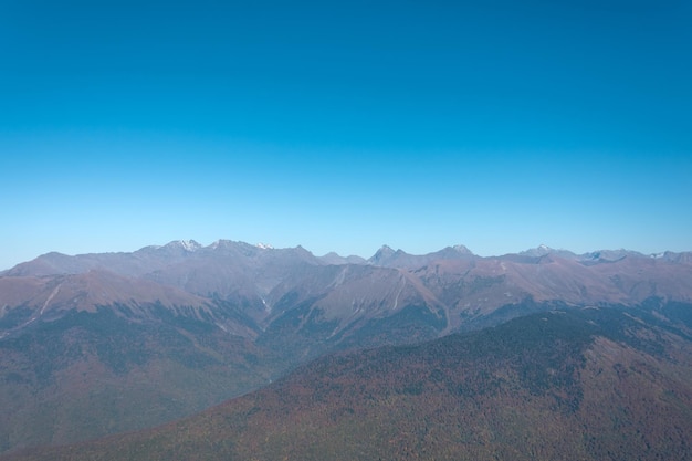 View of peaks and mountains in the distance and clear blue sky