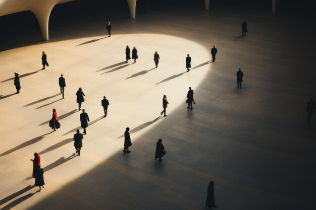 Above view of people walking in motion blur background