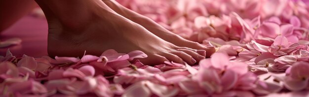 view of persons feet gently stepping on bed of pink flowers showcasing tranquil moment of relaxation