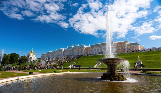 View of the Peterhof Palace against the blue sky.